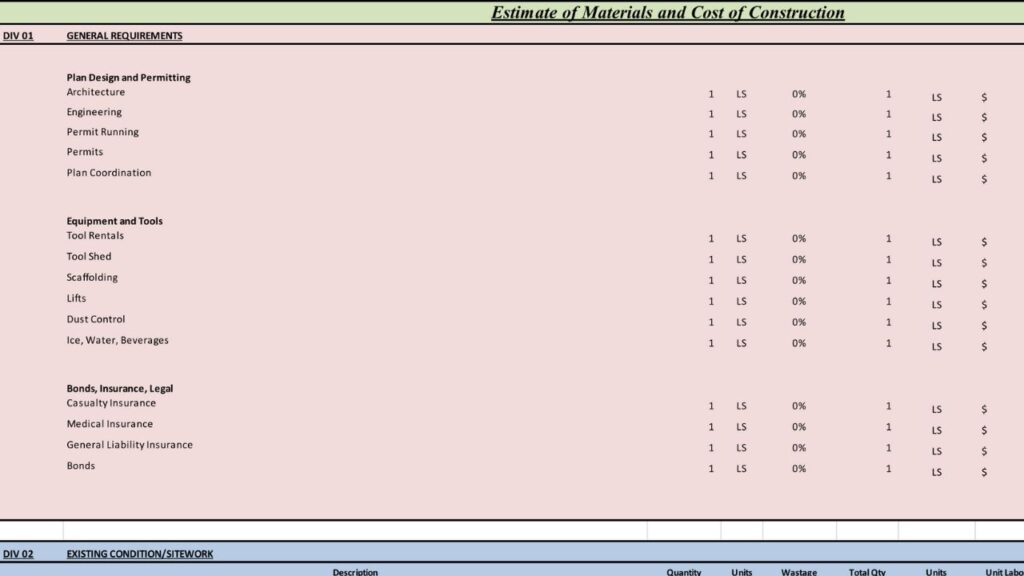 Commercial Building Cost Excel Sheet