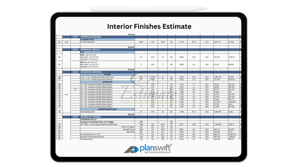 Interior Finishes Estimate Estimate