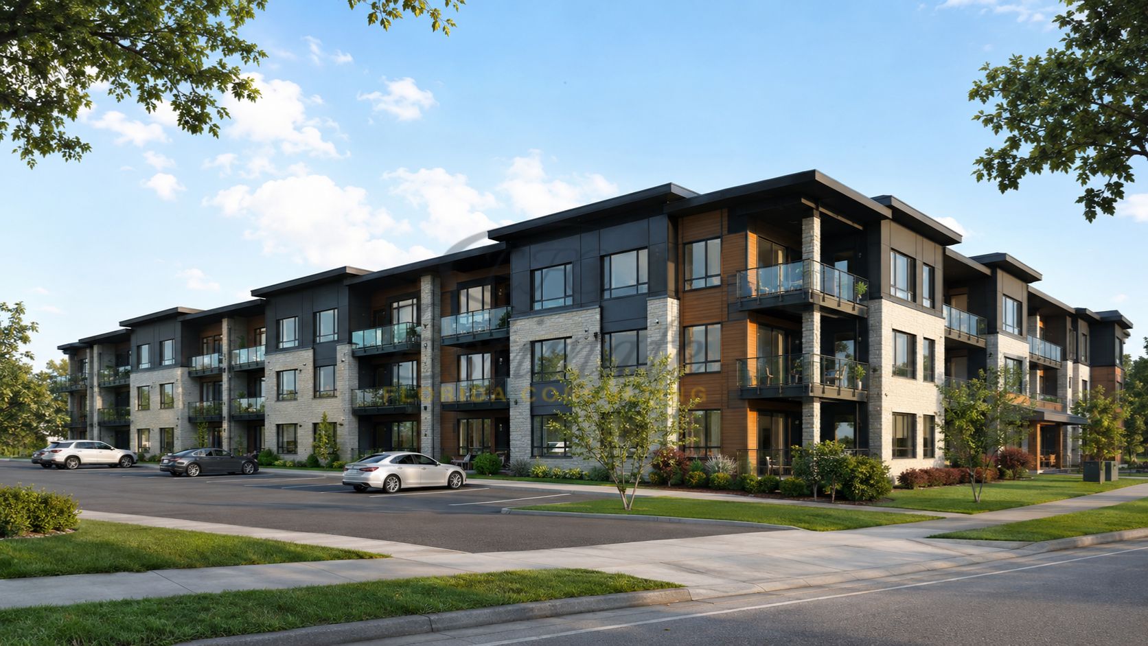 Modern 3-story 24-unit apartment building featuring balconies, parking areas, landscaped grounds, and contemporary multifamily residential design