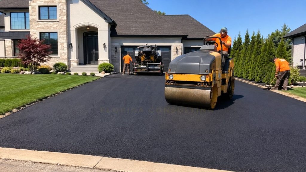 Freshly paved 30x30 asphalt driveway in front of a modern home with paving crew operating an asphalt roller during installation.