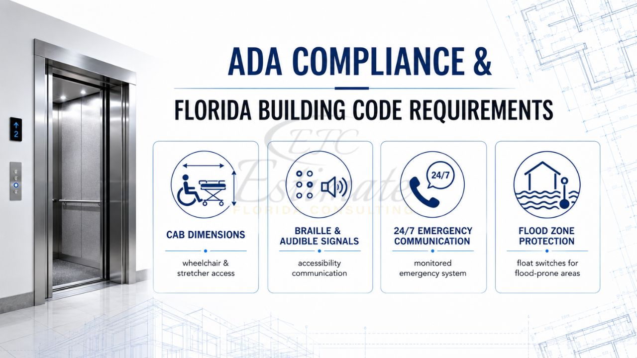 ADA compliance and Florida building code requirements infographic for commercial elevators showing accessibility, emergency communication, and flood protection standards