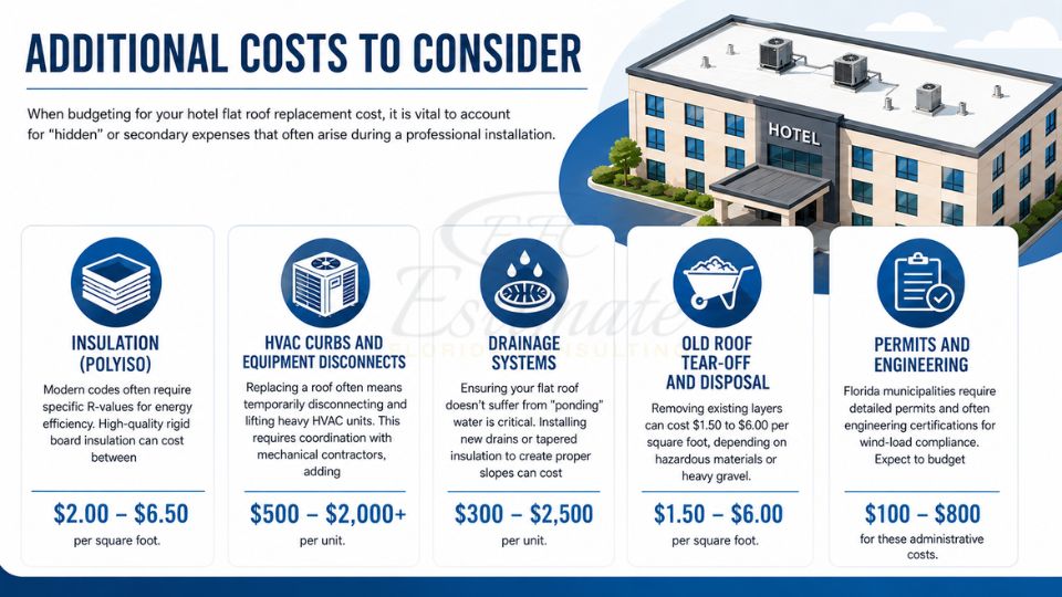 Additional hotel flat roof replacement costs including insulation, HVAC modifications, drainage systems, tear-off, permits, and engineering fees