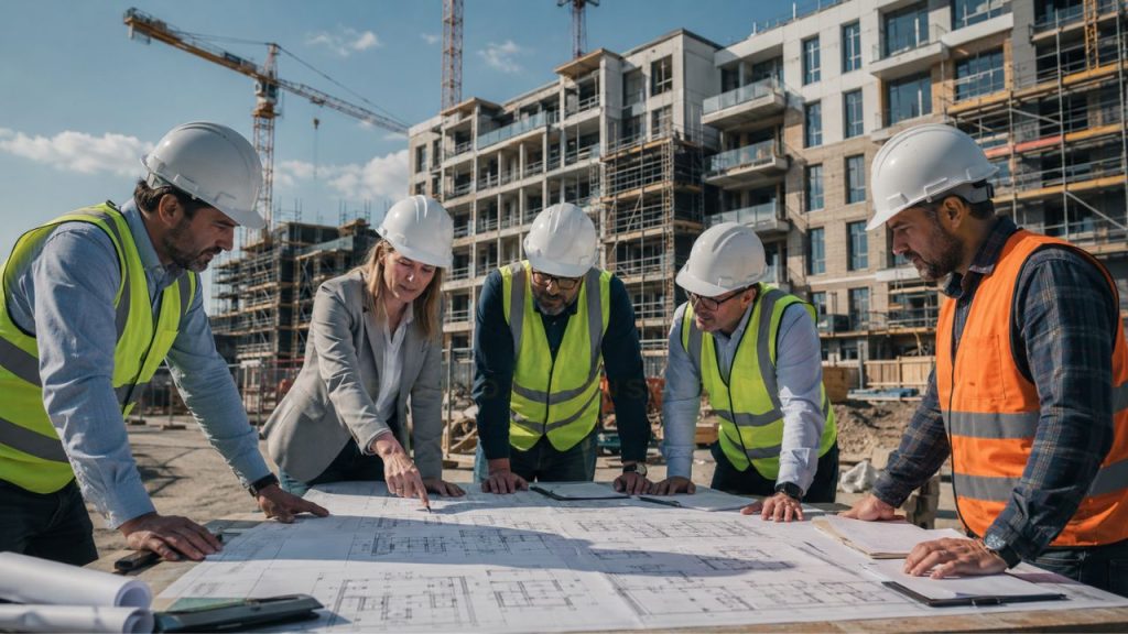 Construction team reviewing apartment complex blueprints at an active multi-family residential construction site with cranes and partially completed apartment buildings in the background.