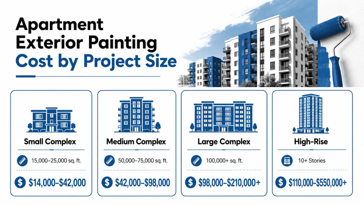 Infographic showing apartment exterior painting costs by project size, including small, medium, large apartment complexes and high-rise buildings in Florida