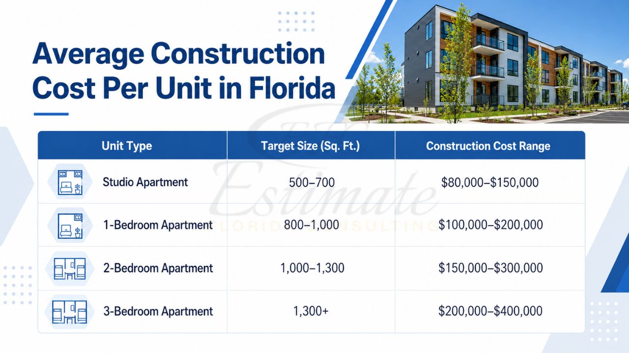 Infographic showing the average construction cost per apartment unit in Florida by unit type, including studio, one-bedroom, two-bedroom, and three-bedroom apartments with size and cost ranges.