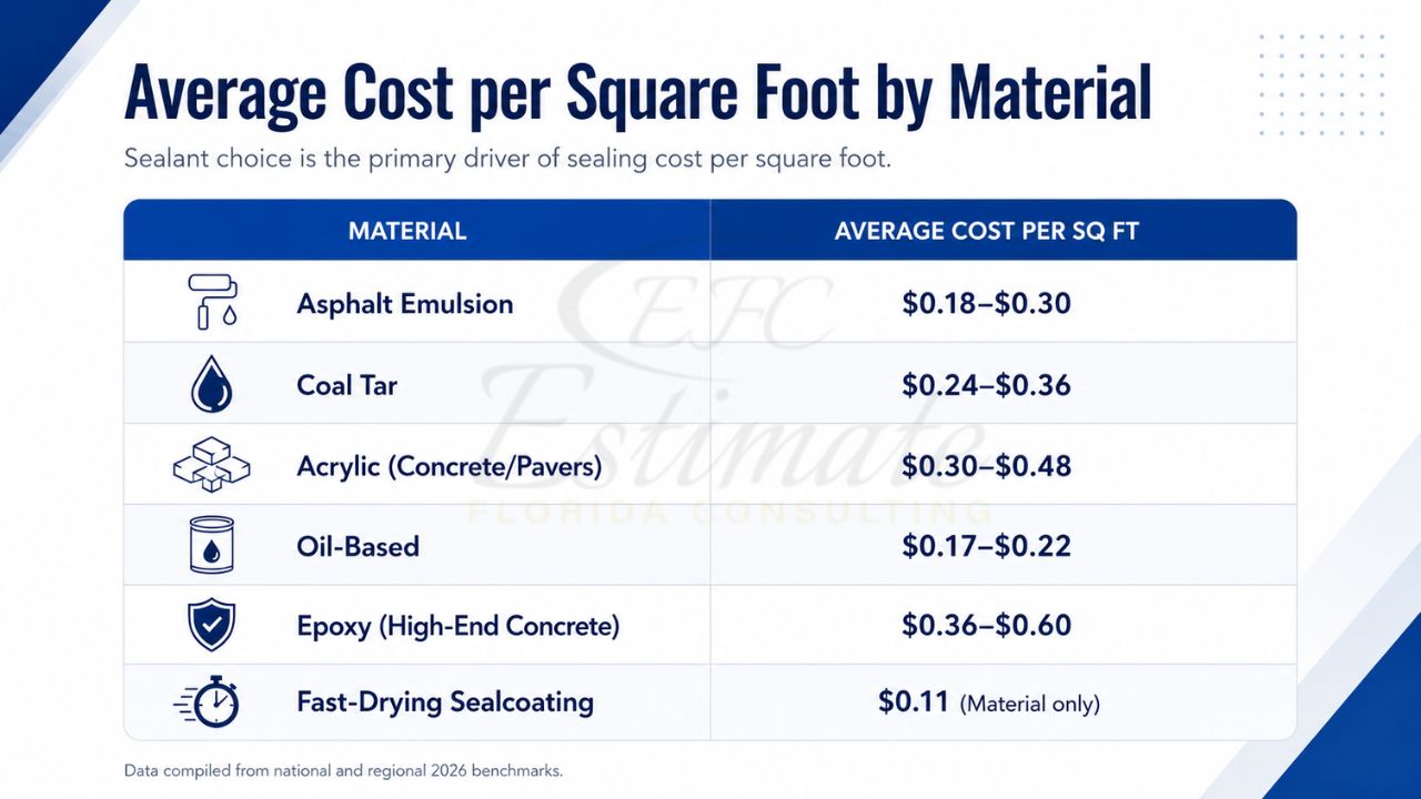 Infographic showing the average driveway sealing cost per square foot by material, including asphalt emulsion, coal tar, acrylic, oil-based, epoxy, and fast-drying sealcoating.