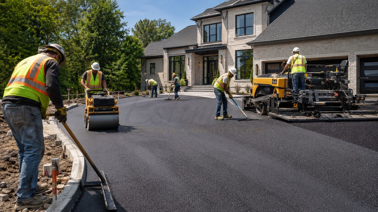 Construction crew paving a new asphalt driveway in front of a luxury residential home using paving equipment, rollers, and finishing tools.