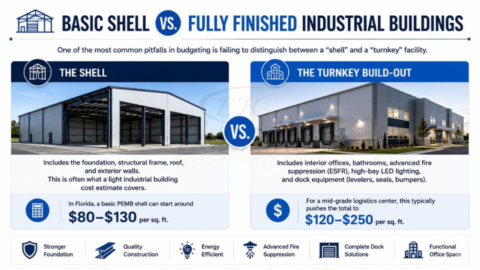Comparison of basic shell industrial building and fully finished turnkey industrial facility construction costs