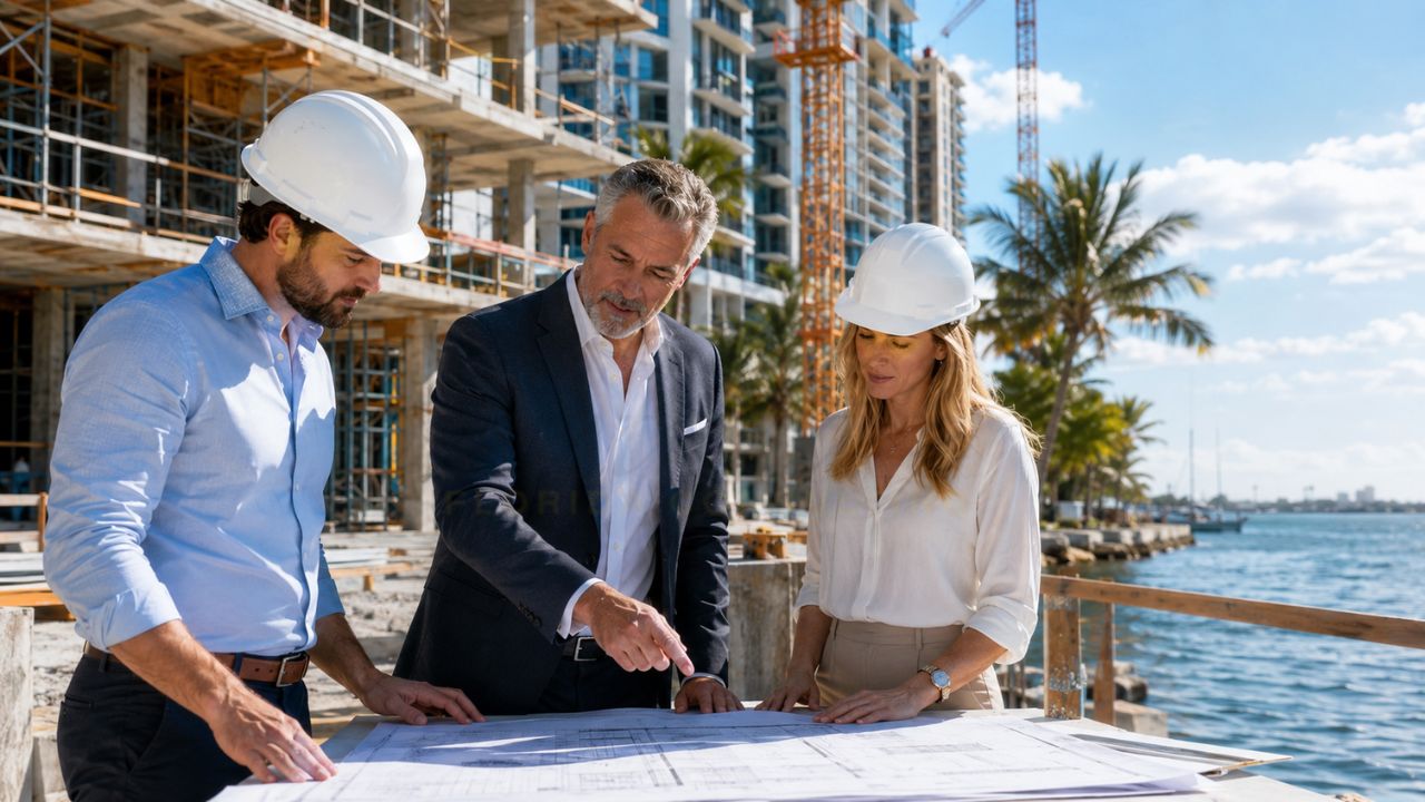 Construction consultants reviewing building plans at a waterfront development project in Fort Lauderdale, Florida