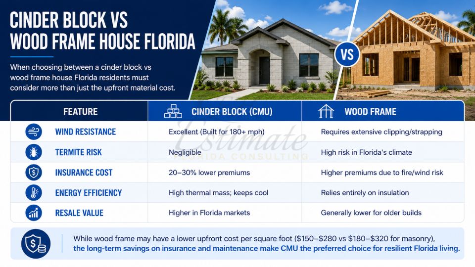 Comparison of cinder block (CMU) house and wood frame house construction in Florida showing durability and cost differences