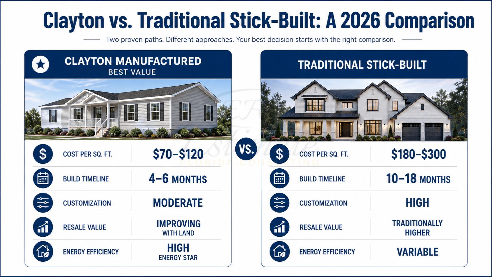 Clayton manufactured home versus traditional stick-built home comparison showing costs per square foot, construction timeline, customization, resale value, and energy efficiency