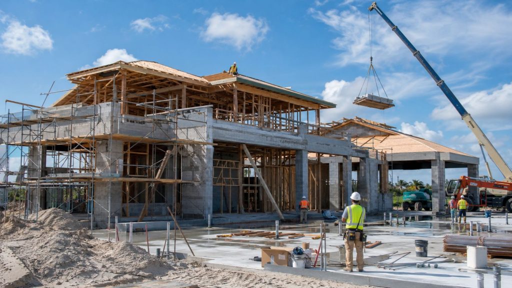 Large clubhouse building under construction with wood framing, concrete structure, crane operations, and construction workers on-site