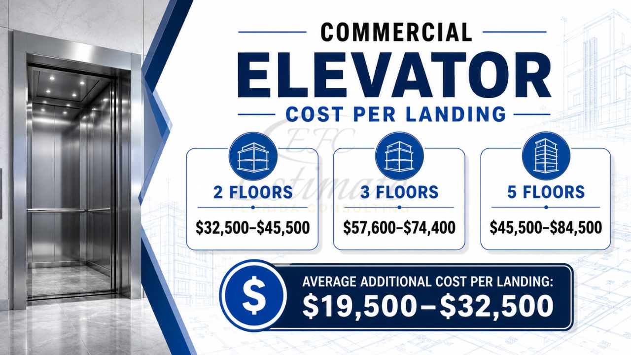 Commercial elevator cost per landing infographic showing elevator installation costs for 2-floor, 3-floor, and 5-floor commercial buildings