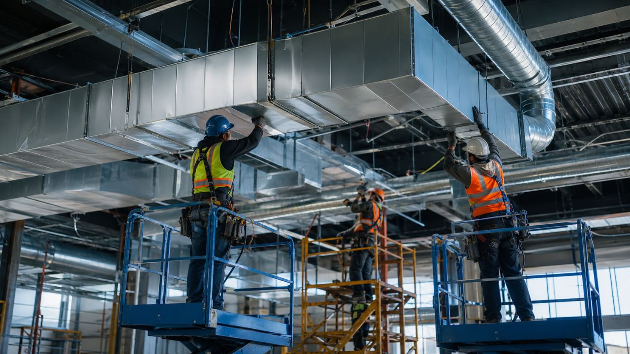 HVAC technicians installing commercial air ducts and ventilation systems inside a large commercial building in Florida