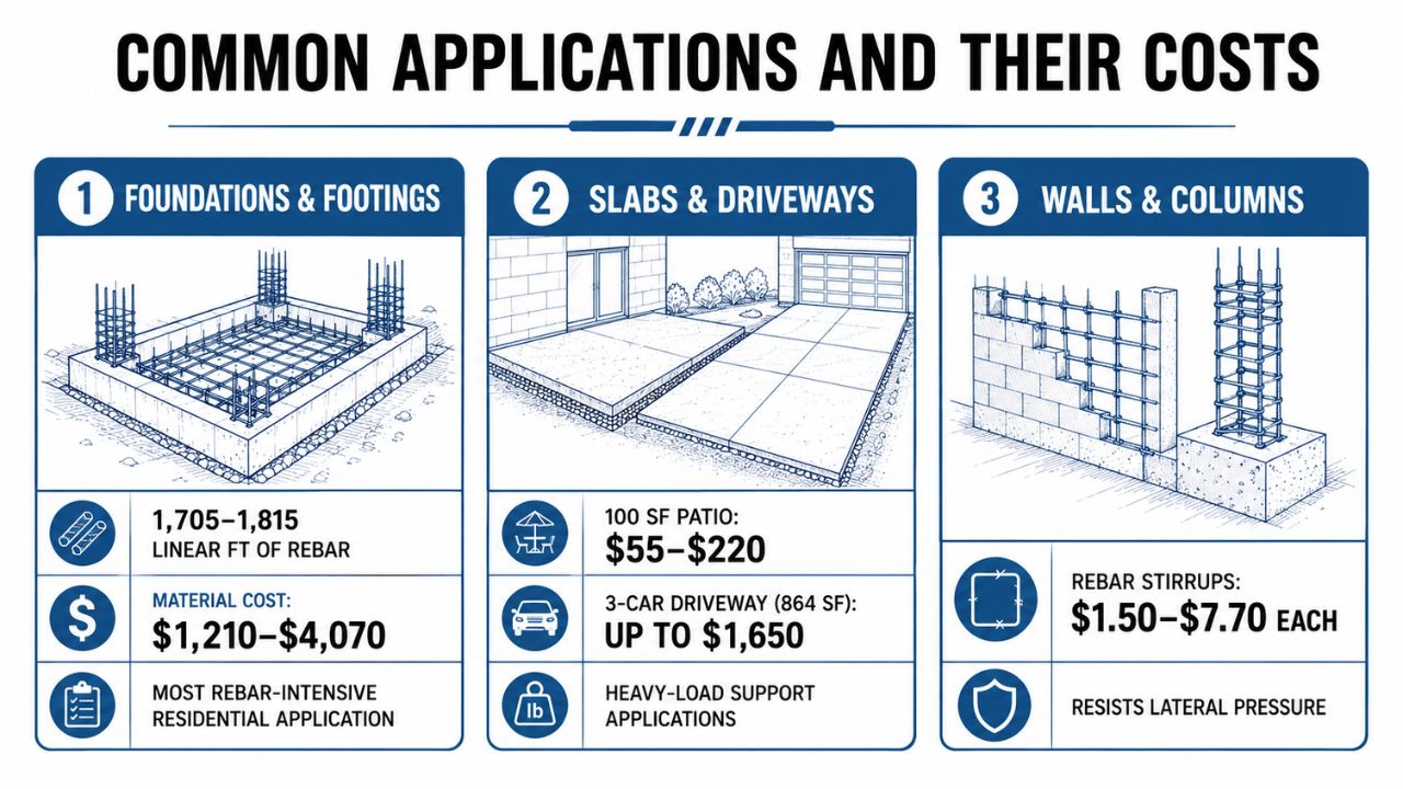 Infographic showing common rebar applications and costs for foundations, concrete slabs, driveways, walls, and columns in Florida construction projects