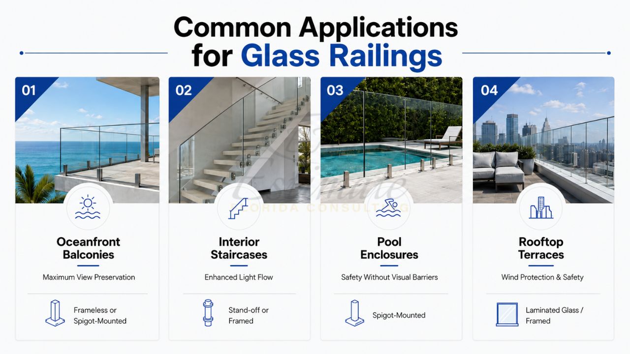Infographic showing common applications of glass railings including oceanfront balconies, interior staircases, pool enclosures, and rooftop terraces