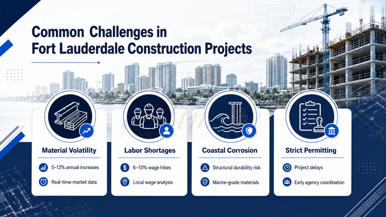 Infographic showing common challenges in Fort Lauderdale construction projects including material volatility, labor shortages, coastal corrosion, and strict permitting requirements