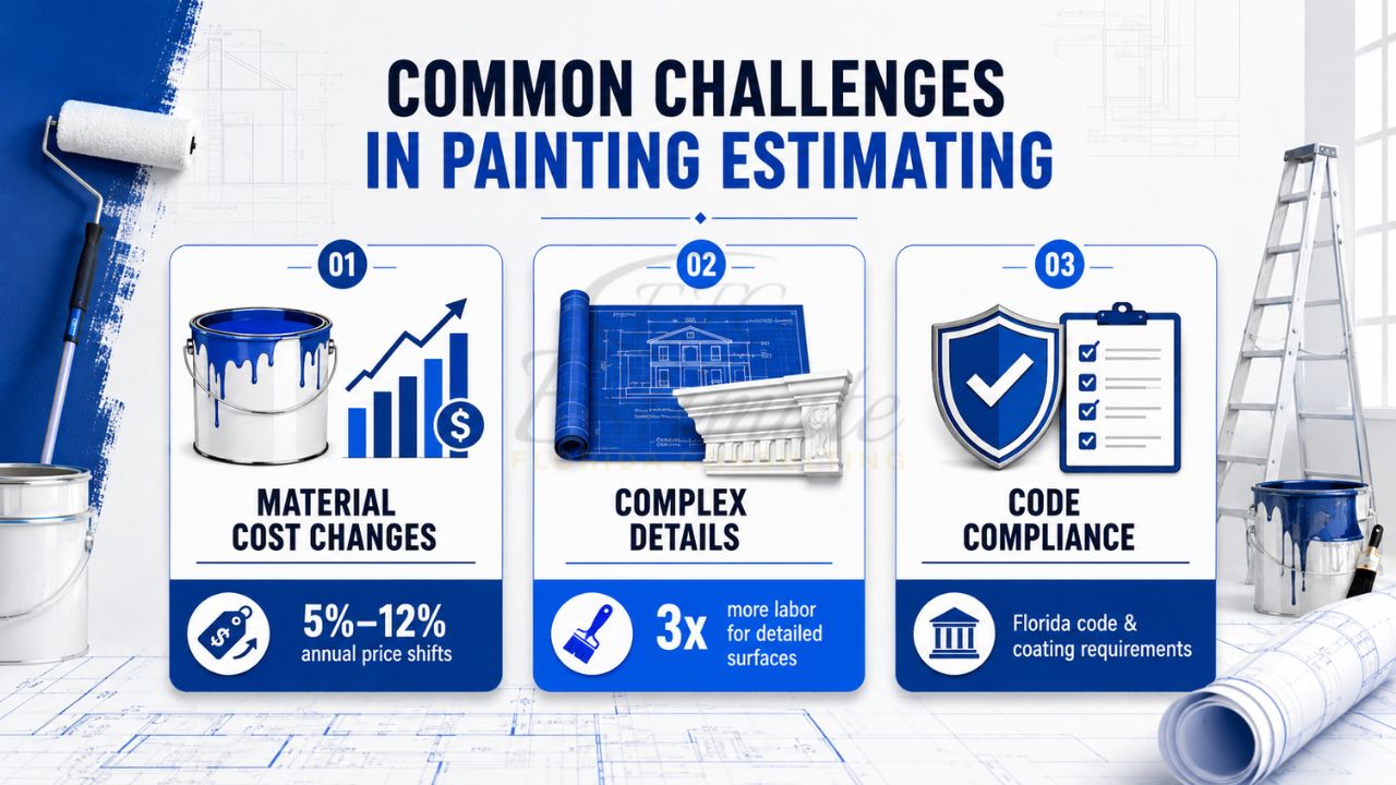 Painting estimating infographic showing common challenges including material cost fluctuations, complex architectural details, and code compliance requirements