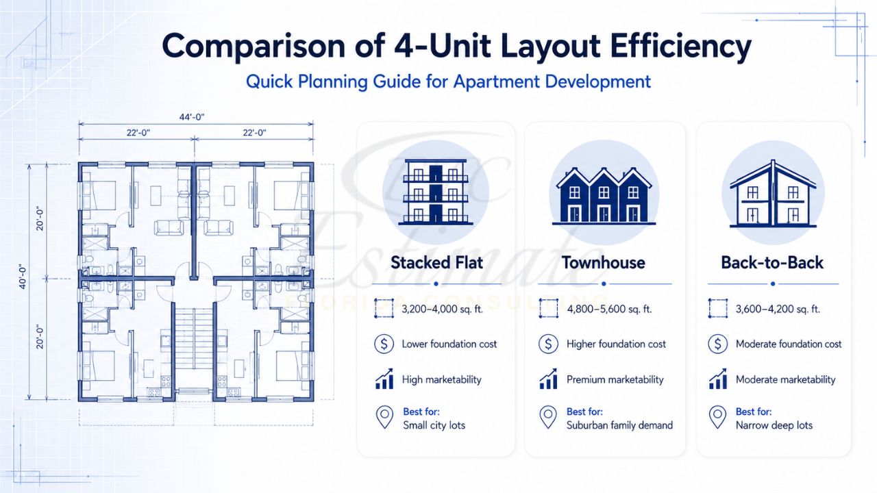 Comparison infographic showing a 4-unit apartment floor plan alongside stacked flat, townhouse, and back-to-back apartment layout options with size, cost, and efficiency comparisons.