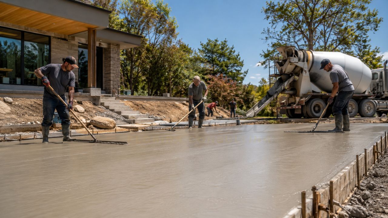 Workers pouring and finishing a residential concrete slab using a concrete mixer truck during a construction project in Palm Beach County, Florida.