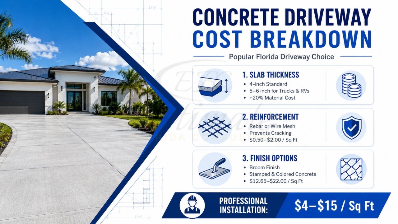 Modern Florida home with a newly installed concrete driveway alongside a cost breakdown showing slab thickness, reinforcement options, finish choices, and installation costs.