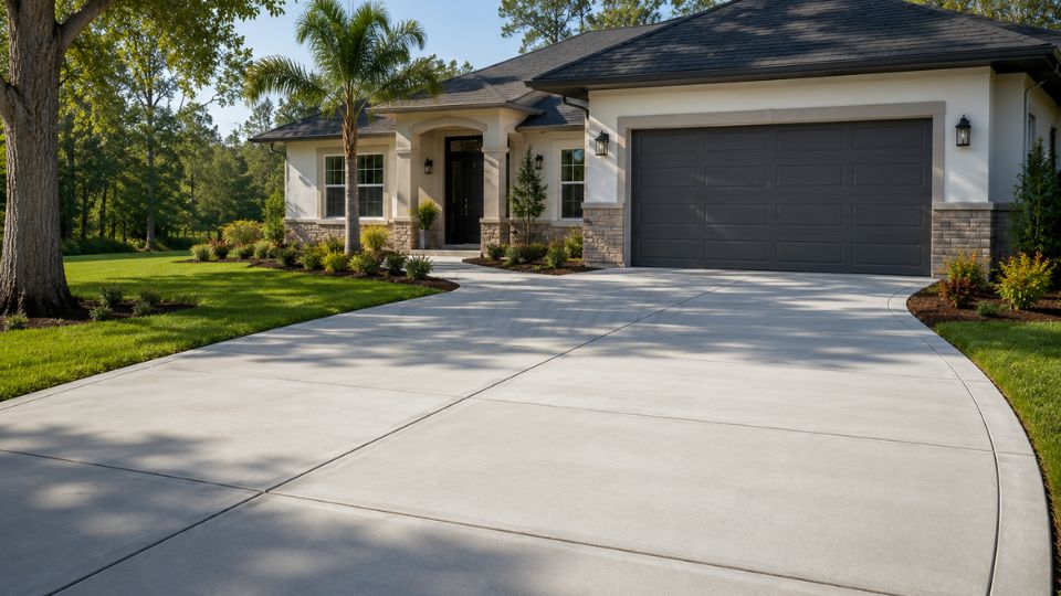 Modern concrete driveway in front of a residential home in Tallahassee showing driveway installation and construction costs