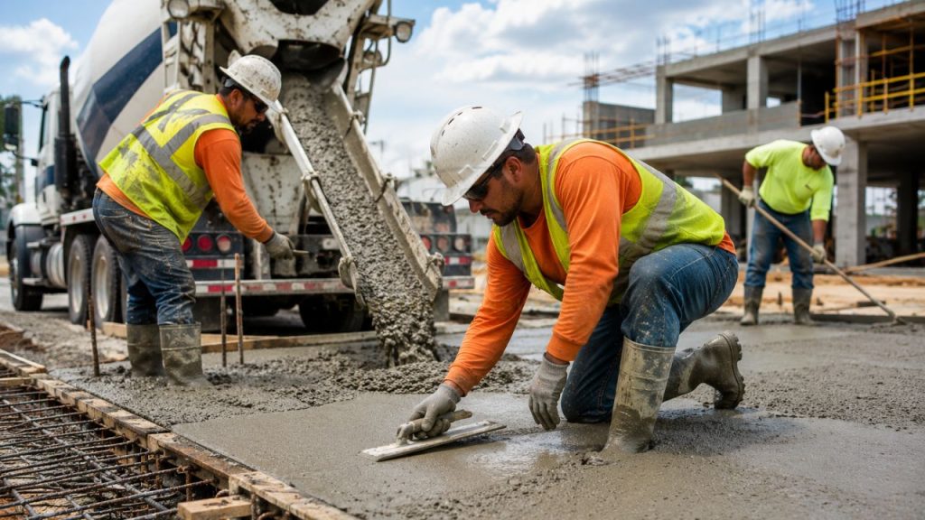 Concrete workers pouring and finishing concrete slab during commercial construction and concrete estimating services in Florida