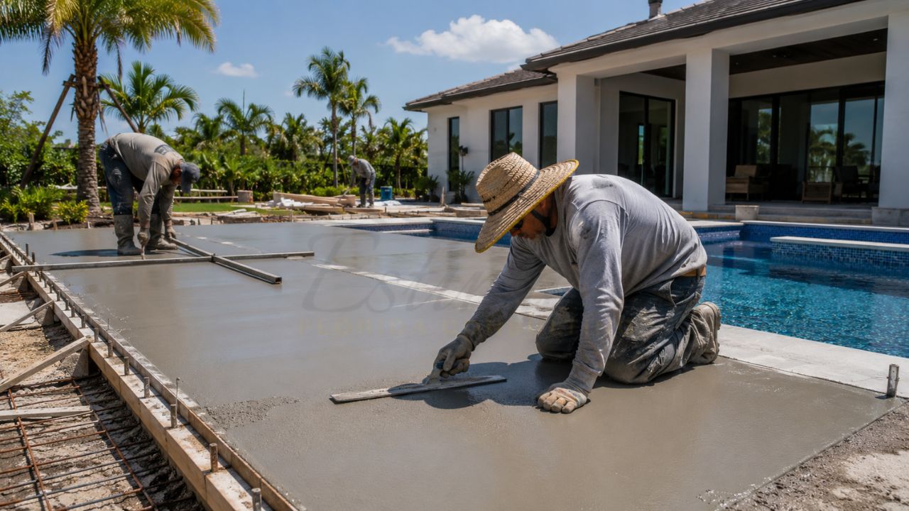 Professional contractors installing and finishing a concrete pool deck around a residential swimming pool at a modern Florida home.