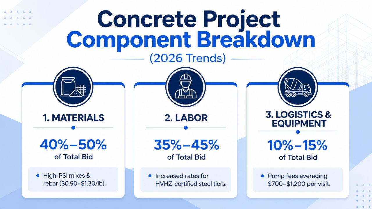 Concrete project component breakdown infographic showing materials, labor, and logistics costs as percentages of the total concrete project budget in Palm Beach County, Florida.