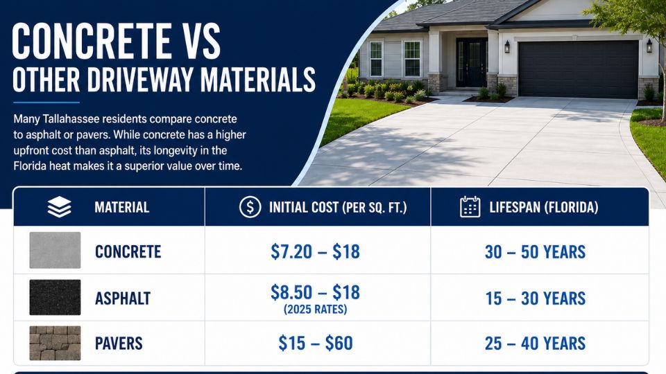 Comparison of concrete, asphalt, and paver driveway materials showing installation costs and lifespan in Florida