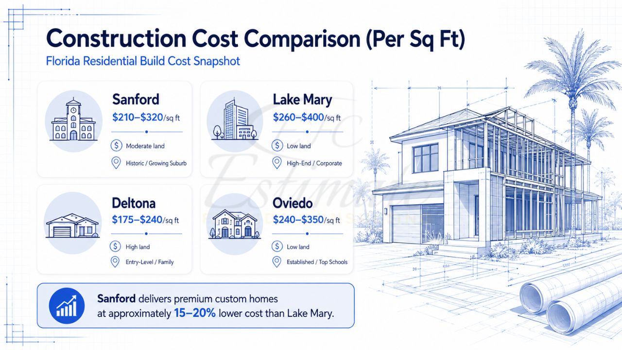 Infographic comparing residential construction costs per square foot in Sanford, Lake Mary, Deltona, and Oviedo, Florida, alongside a custom home blueprint illustration.