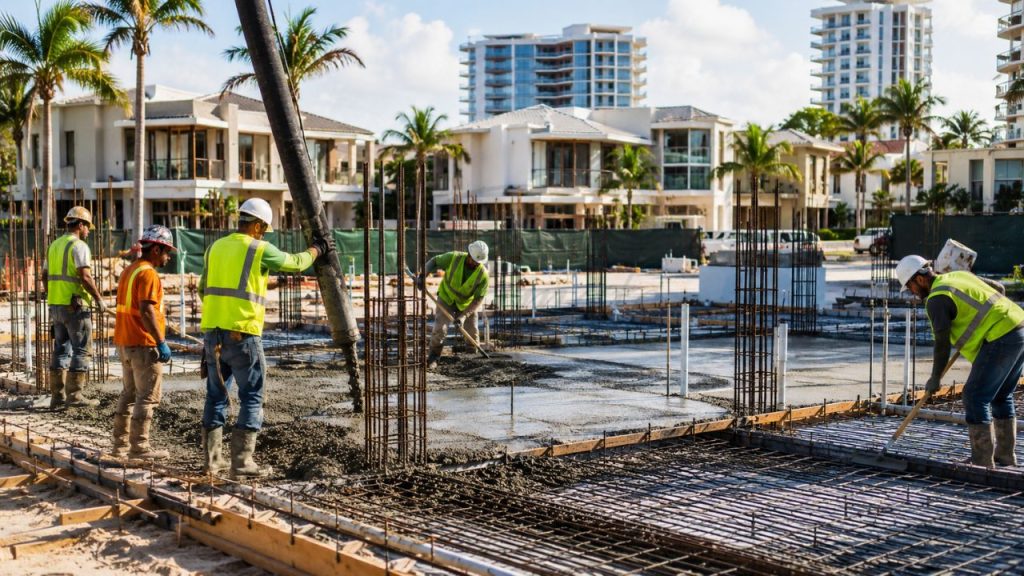 Construction workers placing concrete and reinforcing steel for a residential development project in Boca Raton, Florida