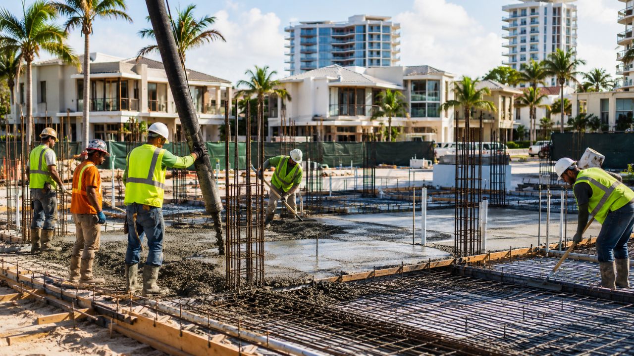 Construction workers placing concrete and reinforcing steel for a residential development project in Boca Raton, Florida
