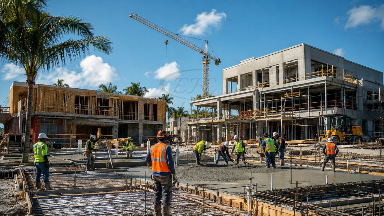 Construction workers performing concrete foundation and structural work on a commercial development project in Coral Springs, Florida