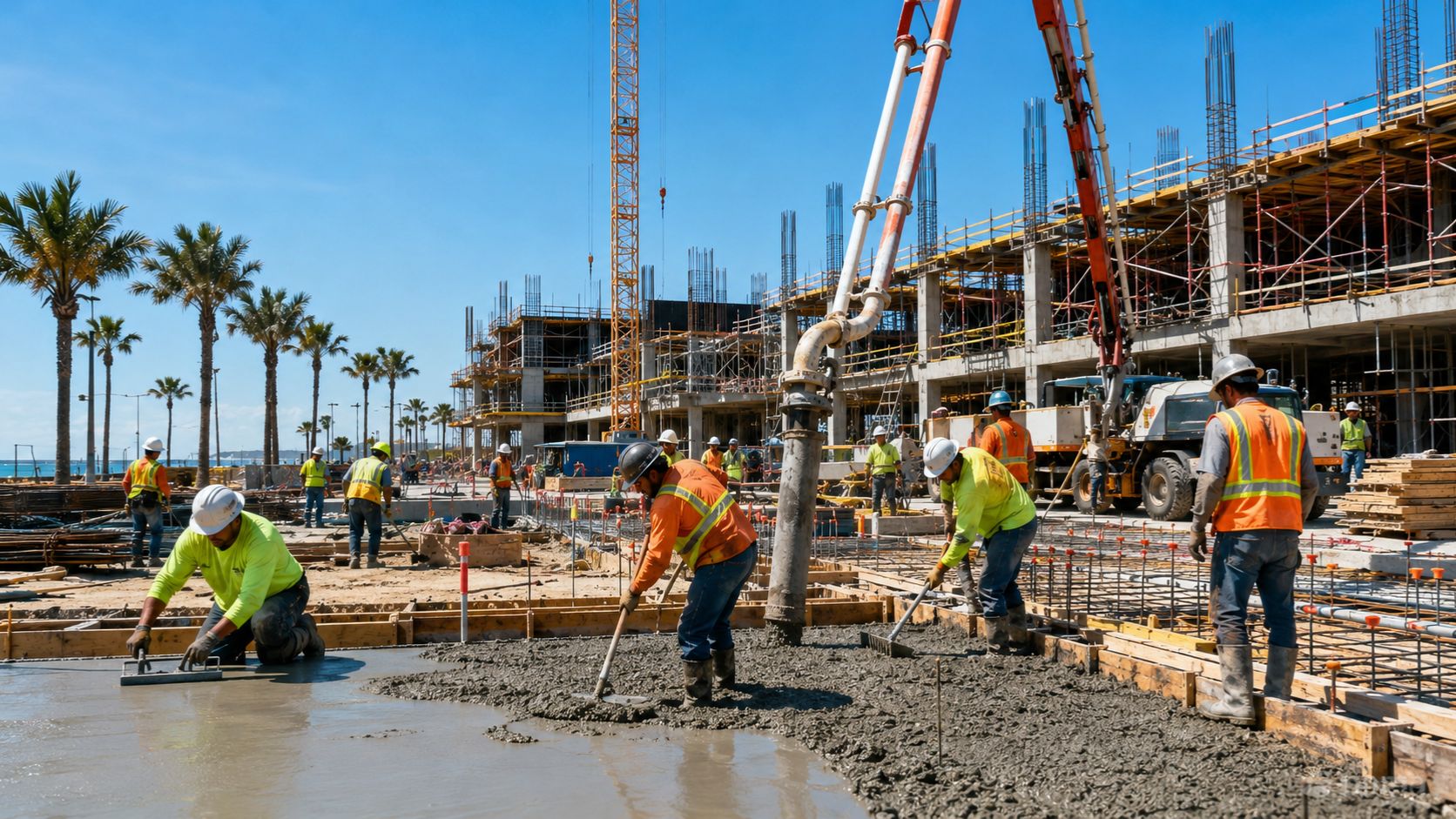 Commercial construction project in Daytona Beach Florida with concrete placement crews, structural framing, and active site development near the coast