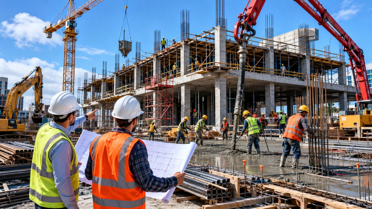 Construction workers pouring a reinforced concrete slab at a commercial building project in Eagle Lake, Florida, with engineers reviewing blueprints on-site.