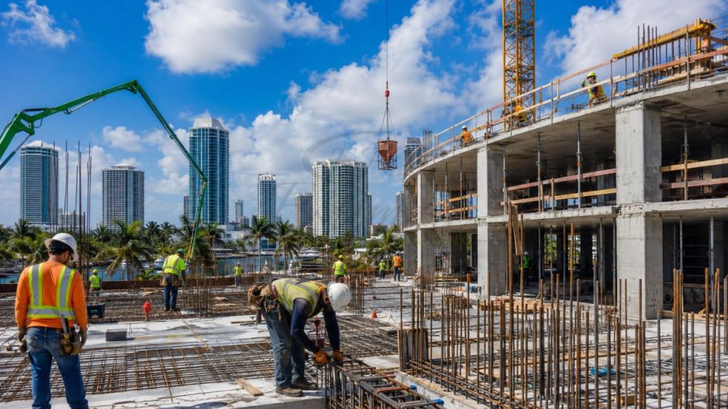 Construction workers performing concrete and structural work on a commercial building project in Fort Lauderdale, Florida