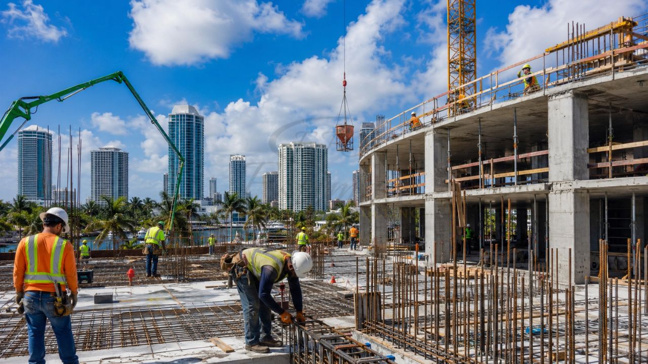 Construction workers performing concrete and structural work on a commercial building project in Fort Lauderdale, Florida