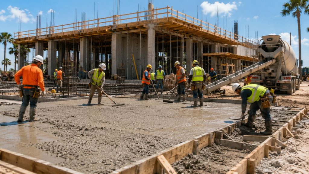 Construction workers placing and finishing concrete foundation work on a commercial building project in Kissimmee, Florida
