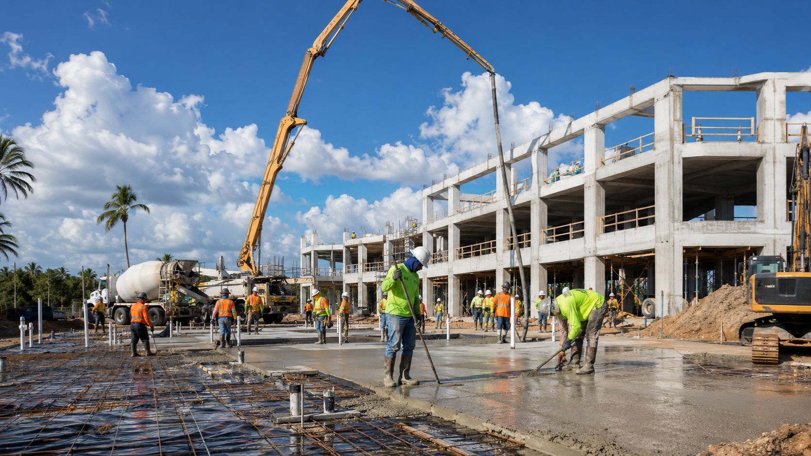 Commercial construction project in Lakeland Florida with workers placing concrete, structural framing, and active site development operations