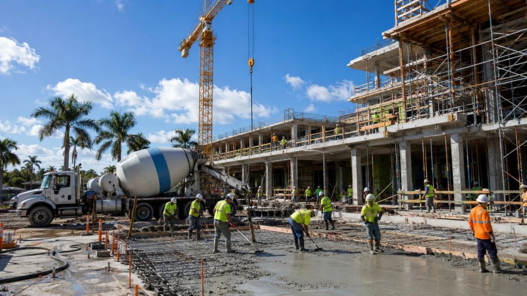 High-rise beachfront construction project in Daytona Beach Florida with tower crane, commercial development, and oceanfront construction activity