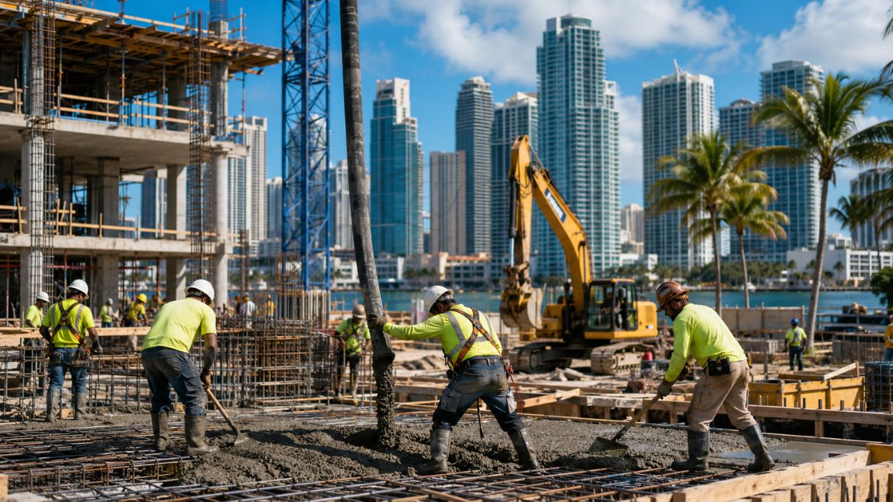 Construction workers pouring concrete at a Miami construction site with high-rise buildings in the background, representing construction cost estimating services in Miami