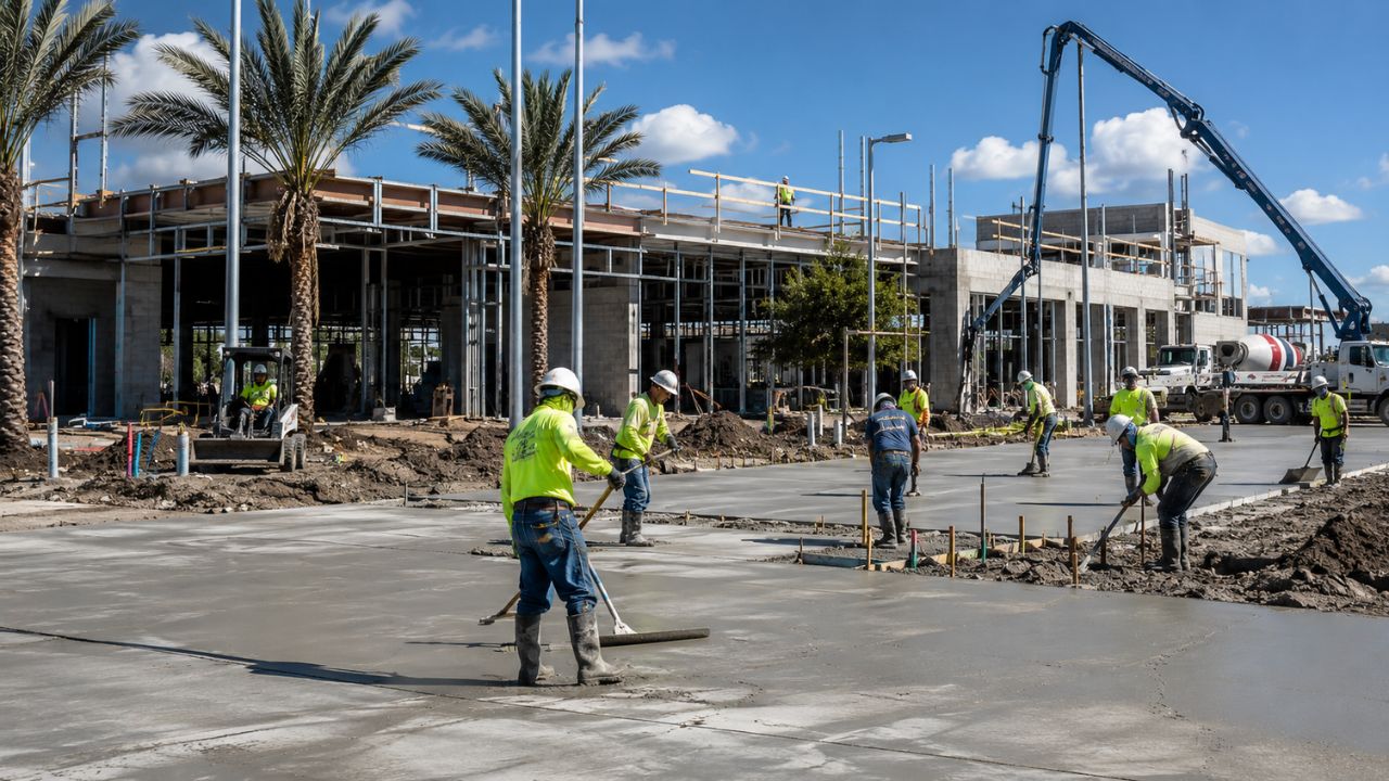 Construction workers placing and finishing concrete pavement at a commercial development project in Orlando, Florida