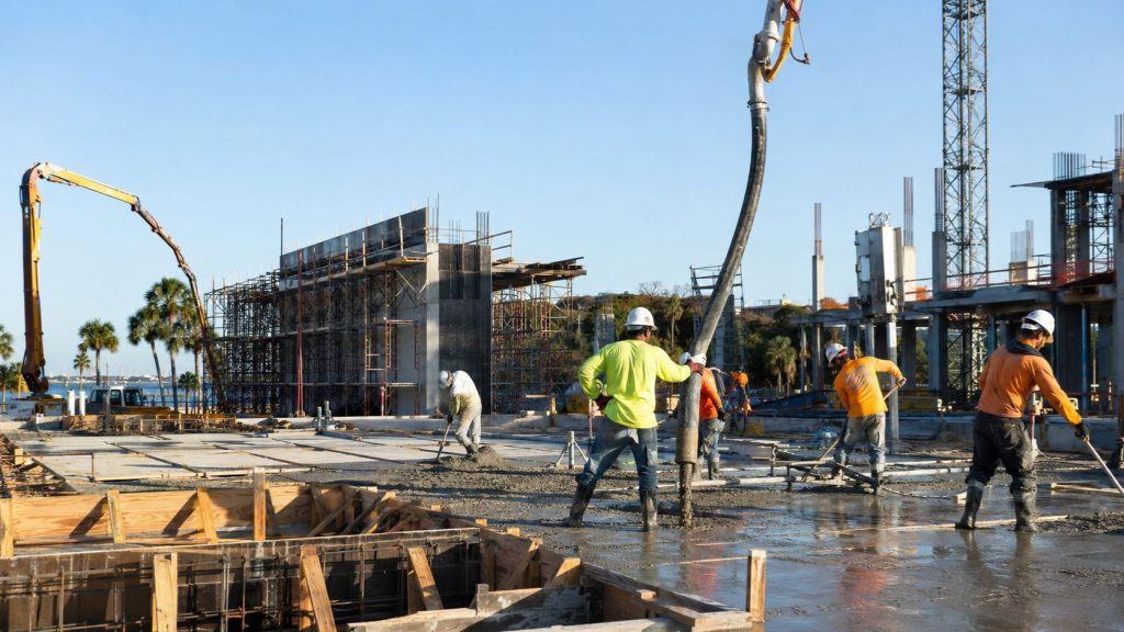 Construction workers pouring and finishing concrete slab at a commercial building project in St. Petersburg Florida with concrete pump truck, structural framework, and active jobsite operations