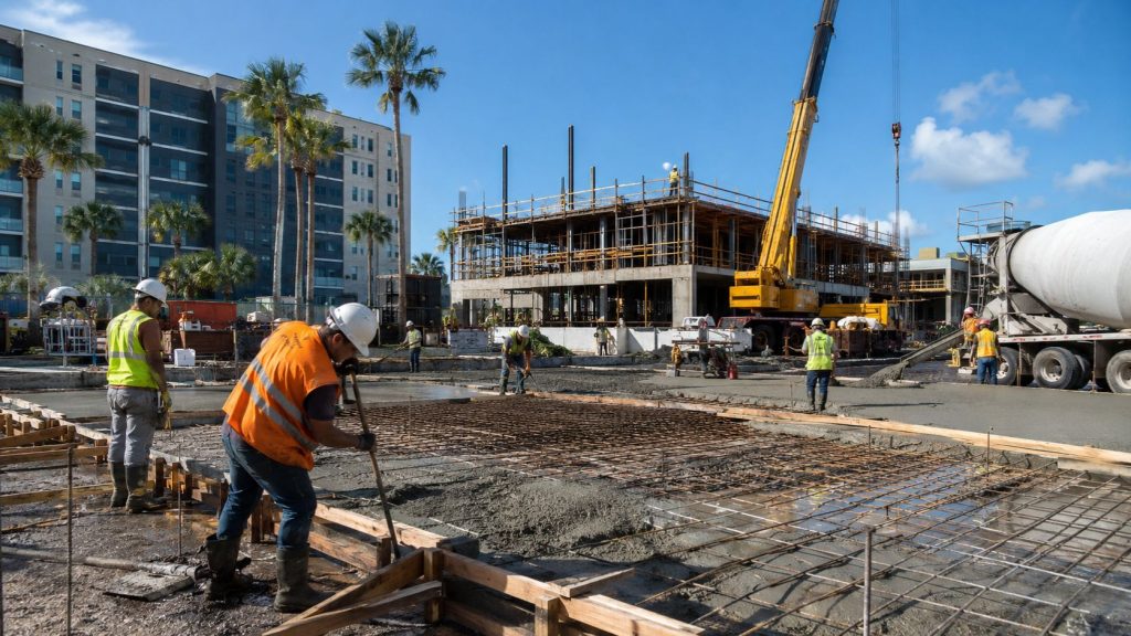 Construction workers placing reinforced concrete foundation slab at a commercial building project in Tampa Florida with crane, concrete truck, and active jobsite operations
