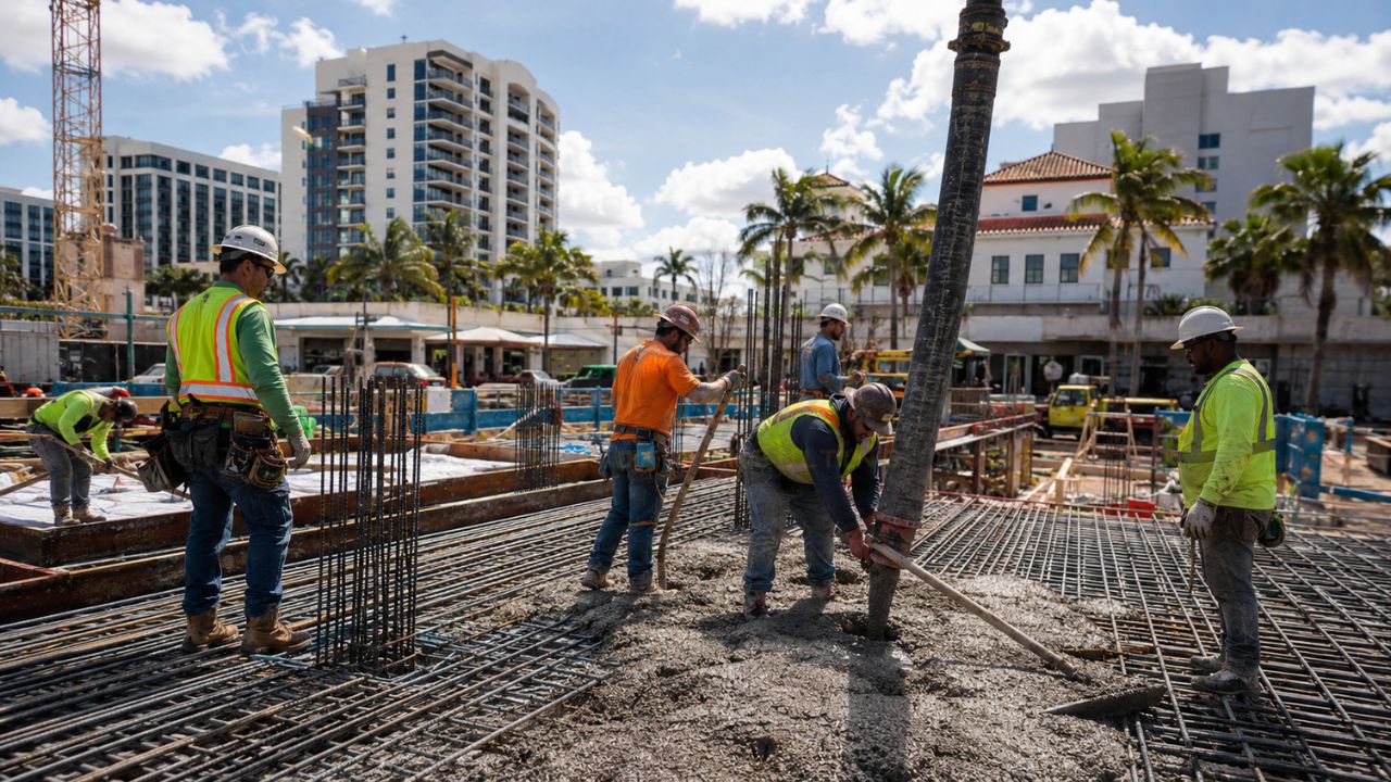 Construction workers placing concrete and reinforcing steel at a commercial building project in West Palm Beach, Florida