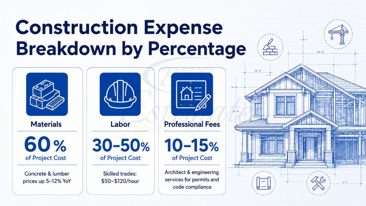 Infographic showing residential construction expense breakdown by percentage, including materials, labor, and professional fees with a house blueprint illustration.