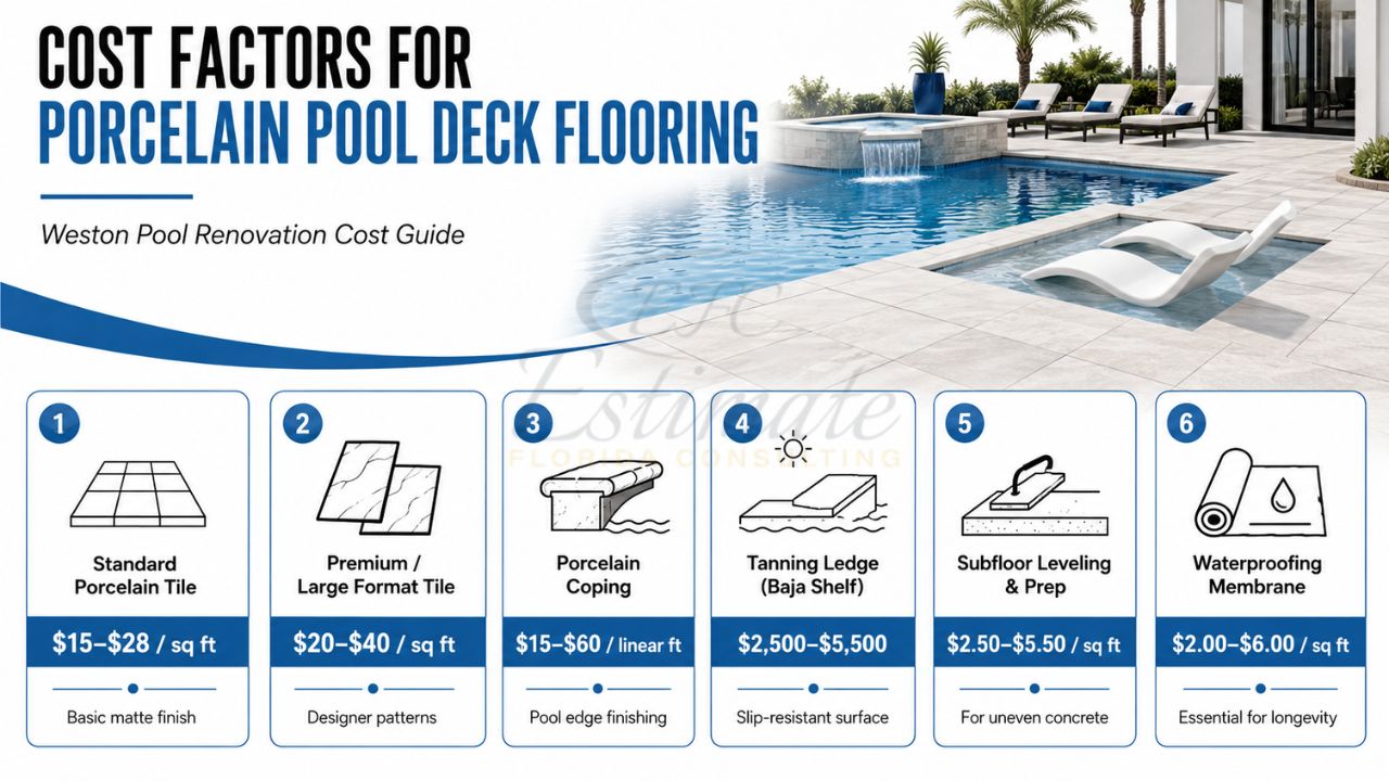 Infographic showing cost factors for porcelain pool deck flooring including tile types, coping, waterproofing, and installation costs in Weston, Florida