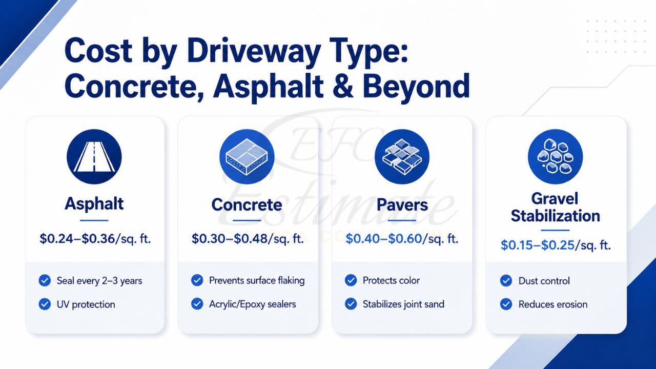 Infographic comparing driveway sealing costs by driveway type, including asphalt, concrete, pavers, and gravel stabilization, with average prices per square foot and key maintenance benefits.
