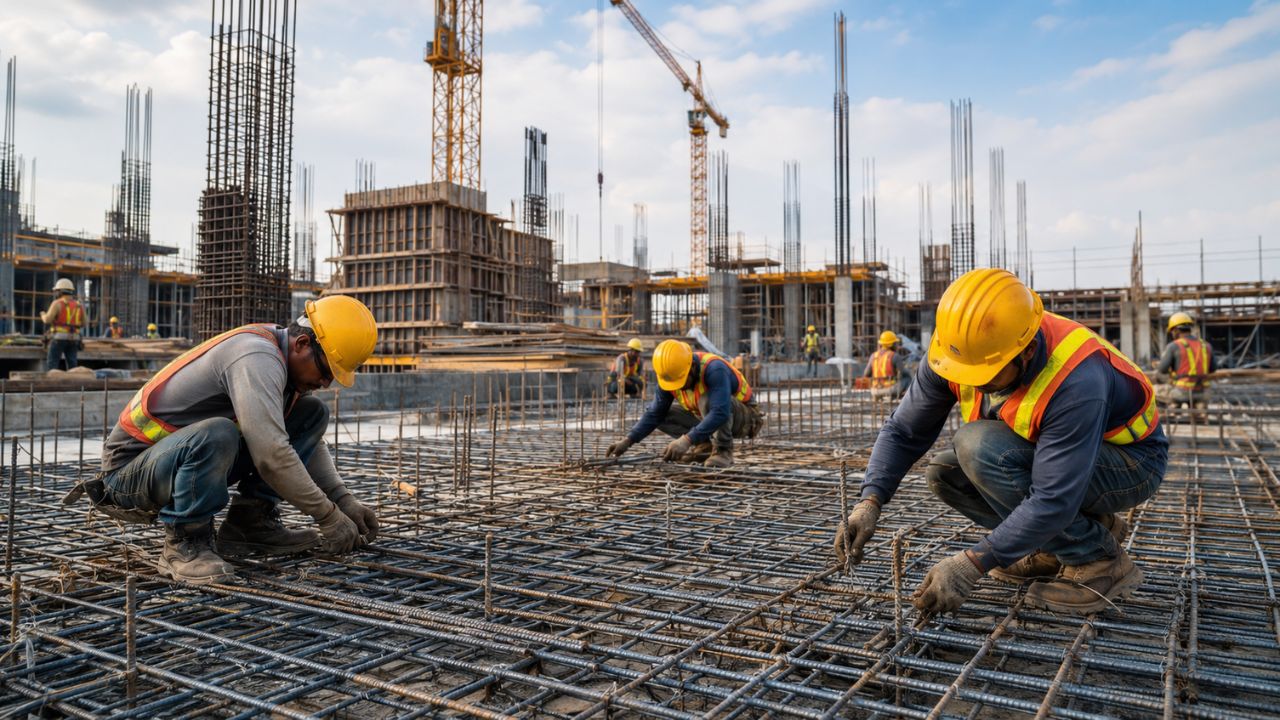 Construction workers installing and tying reinforcing steel rebar for a commercial concrete foundation project in Florida